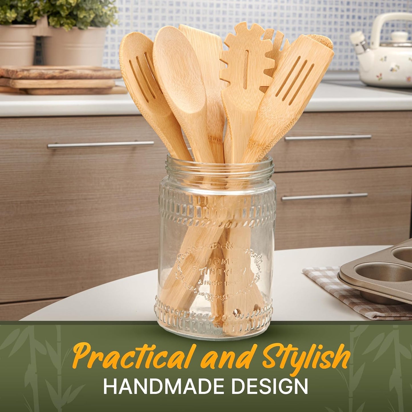 Wooden Utensil Set, Bamboo Utensils – 7 Pcs Wood Spoons for Cooking, Easy to Clean, Sturdy, Lightweight & Heat Resistant
