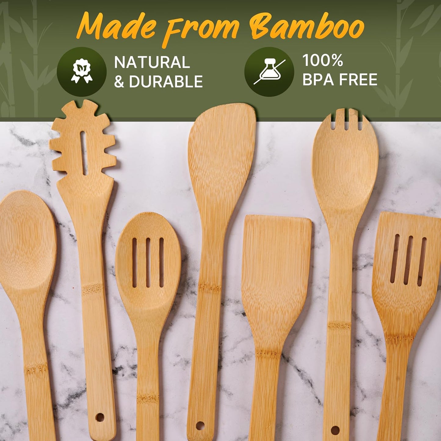 Wooden Utensil Set, Bamboo Utensils – 7 Pcs Wood Spoons for Cooking, Easy to Clean, Sturdy, Lightweight & Heat Resistant