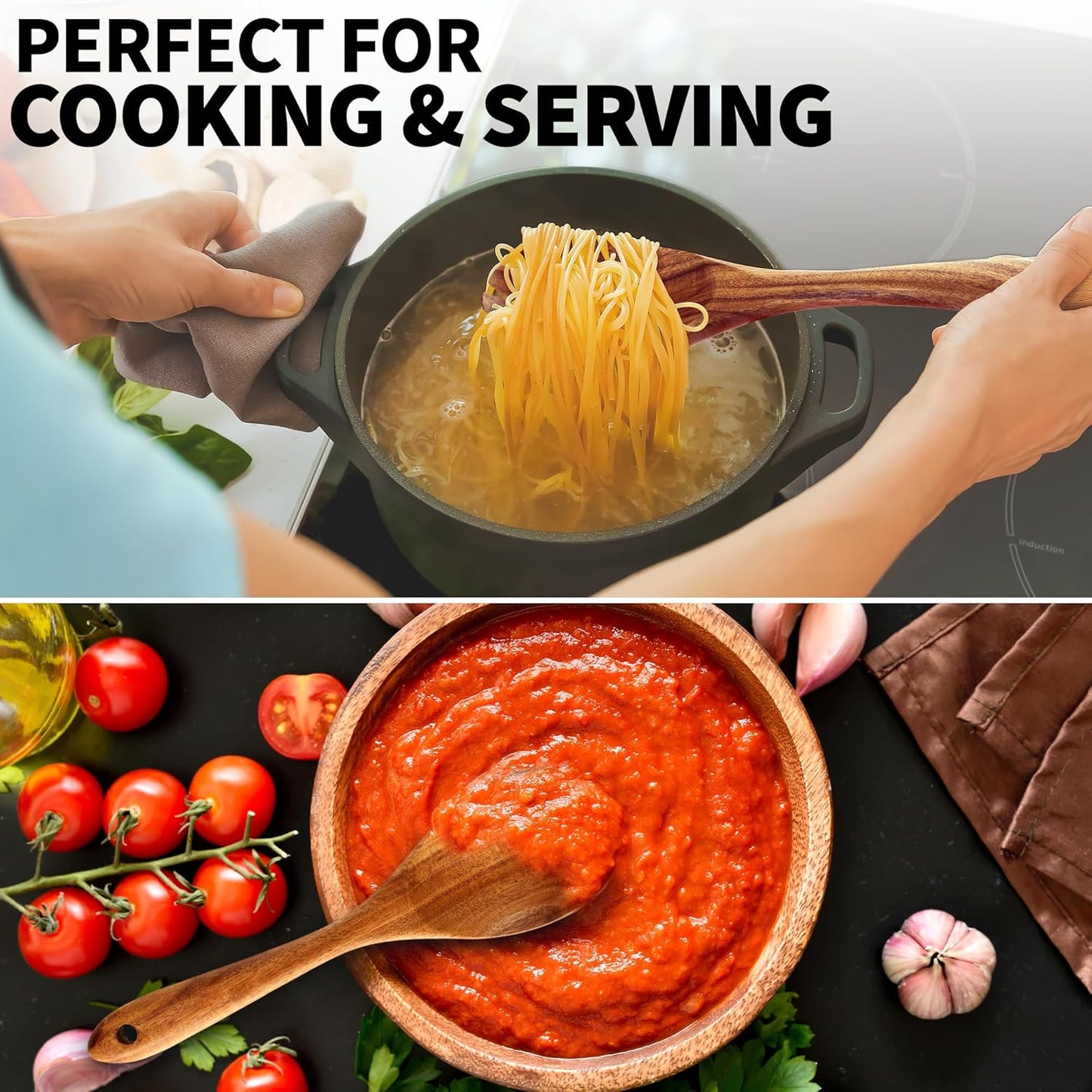 6-Piece Wooden Cooking Spoons Set – Heat-Resistant, Smooth Teak Utensils with Comfort Grip – Lightweight & Durable – Easy to Clean, Perfect for Non-Stick Cookware
