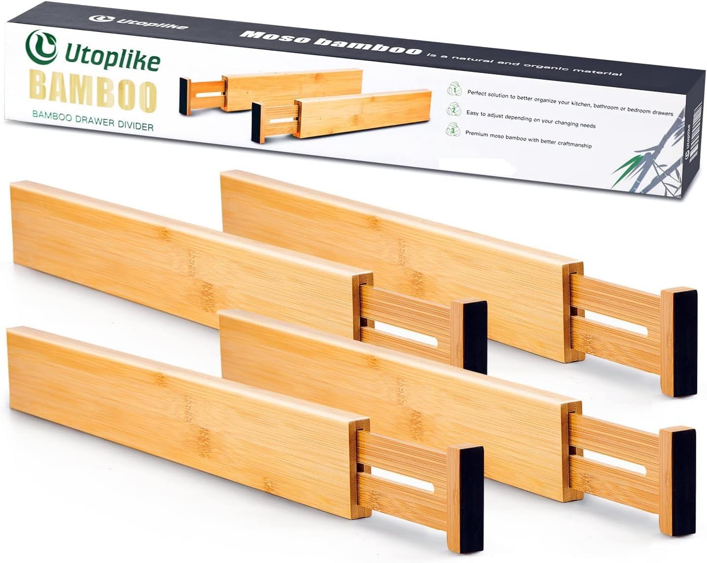 4 PCS Bamboo Kitchen Drawer Dividers(Fits 15"-17.7" Drawer Inner Size), Adjustable Drawer Organizers for Socks, Spring Loaded, Works in Drawer for Bedroom, Kitchen, Dresser, Bathroom, Desk