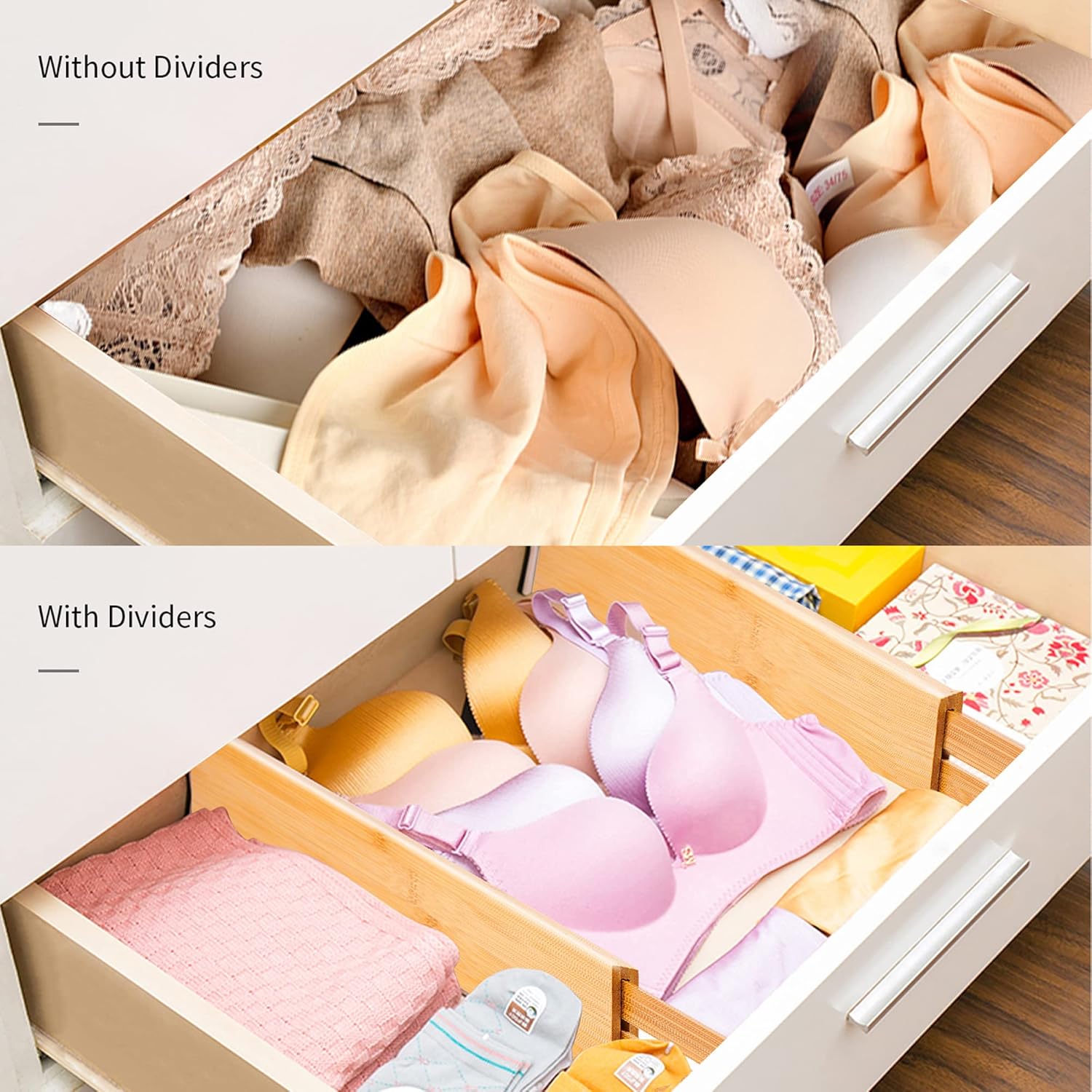4 PCS Bamboo Kitchen Drawer Dividers(Fits 15"-17.7" Drawer Inner Size), Adjustable Drawer Organizers for Socks, Spring Loaded, Works in Drawer for Bedroom, Kitchen, Dresser, Bathroom, Desk