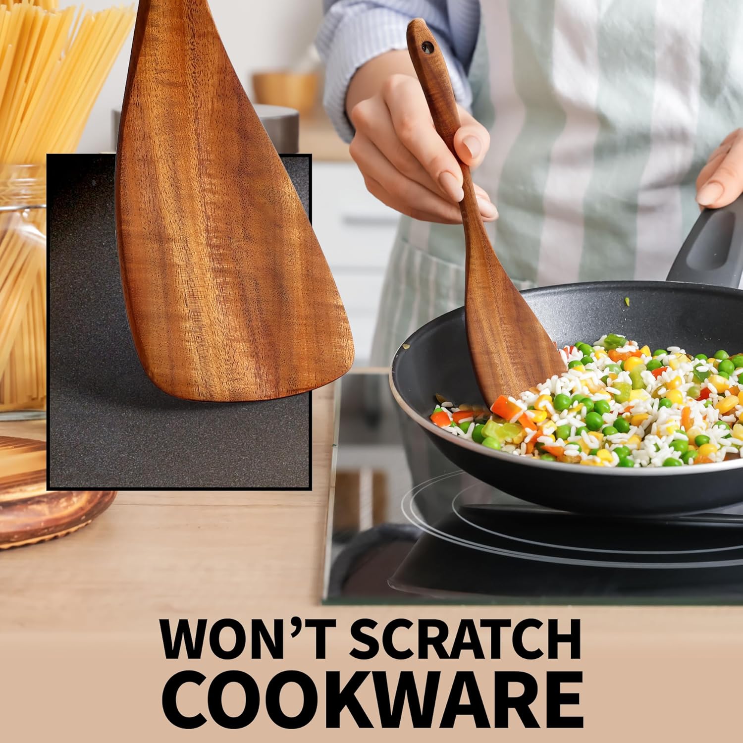 6-Piece Wooden Cooking Spoons Set – Heat-Resistant, Smooth Teak Utensils with Comfort Grip – Lightweight & Durable – Easy to Clean, Perfect for Non-Stick Cookware