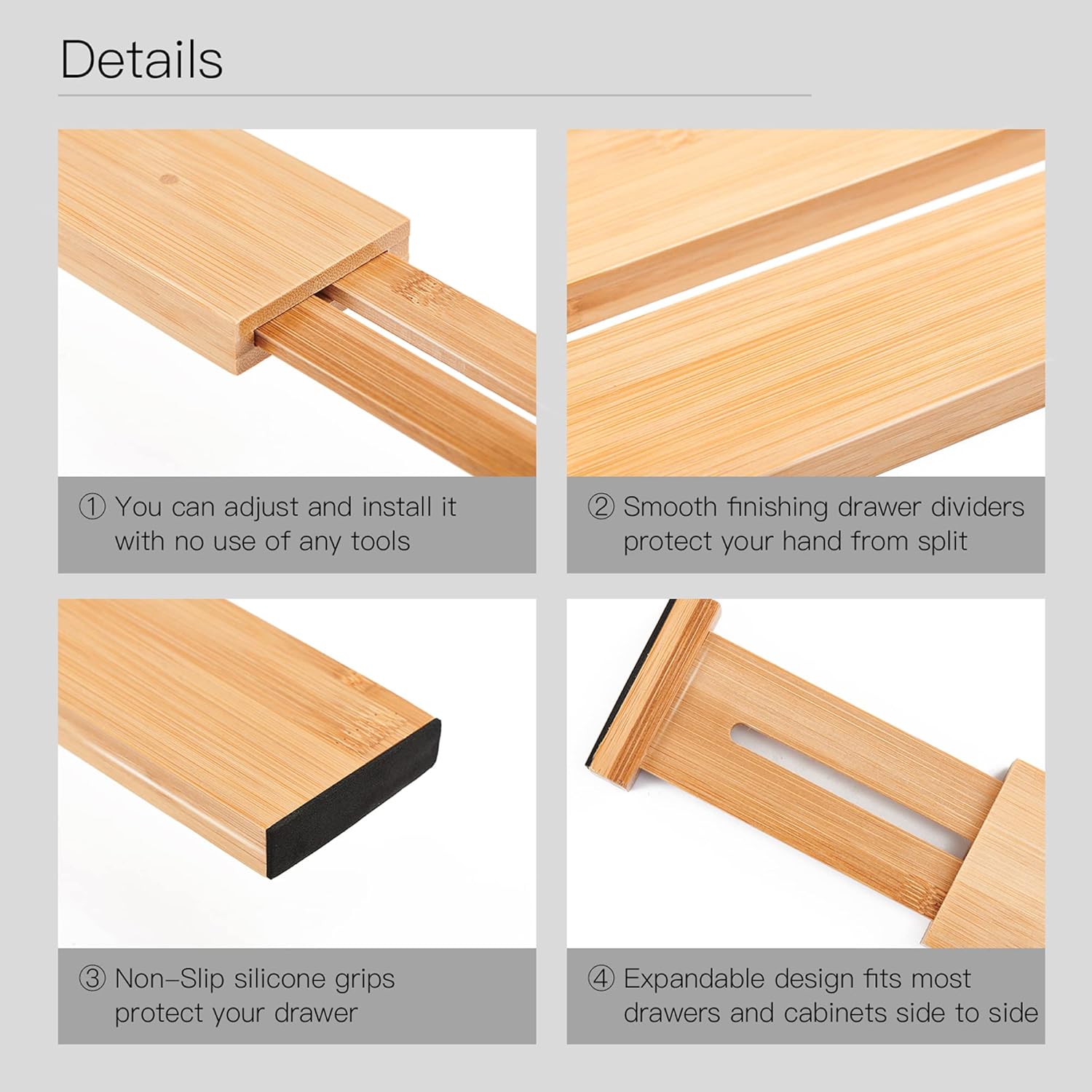 4 PCS Bamboo Kitchen Drawer Dividers(Fits 15"-17.7" Drawer Inner Size), Adjustable Drawer Organizers for Socks, Spring Loaded, Works in Drawer for Bedroom, Kitchen, Dresser, Bathroom, Desk
