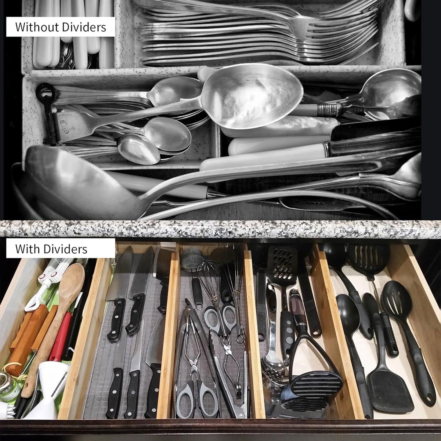 4 PCS Bamboo Kitchen Drawer Dividers(Fits 15"-17.7" Drawer Inner Size), Adjustable Drawer Organizers for Socks, Spring Loaded, Works in Drawer for Bedroom, Kitchen, Dresser, Bathroom, Desk