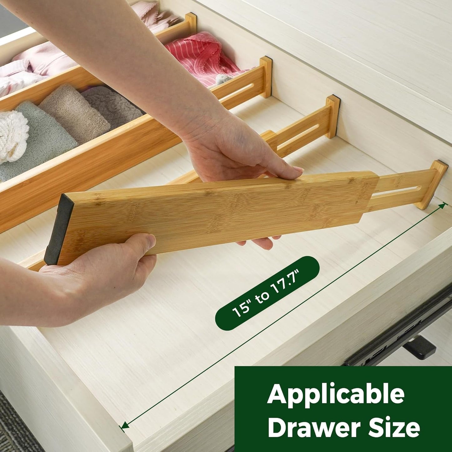 4 PCS Bamboo Kitchen Drawer Dividers(Fits 15"-17.7" Drawer Inner Size), Adjustable Drawer Organizers for Socks, Spring Loaded, Works in Drawer for Bedroom, Kitchen, Dresser, Bathroom, Desk