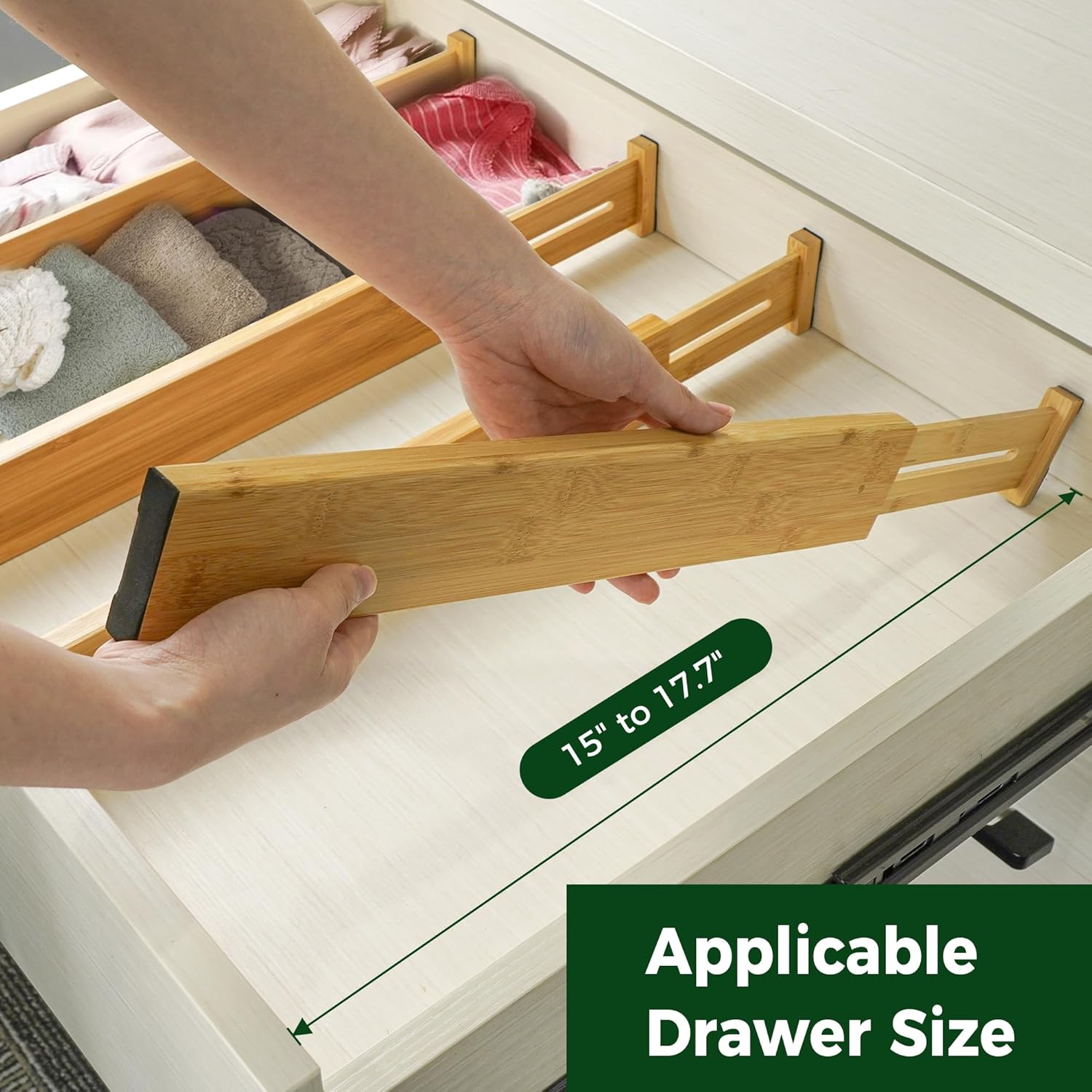 4 PCS Bamboo Kitchen Drawer Dividers(Fits 15"-17.7" Drawer Inner Size), Adjustable Drawer Organizers for Socks, Spring Loaded, Works in Drawer for Bedroom, Kitchen, Dresser, Bathroom, Desk