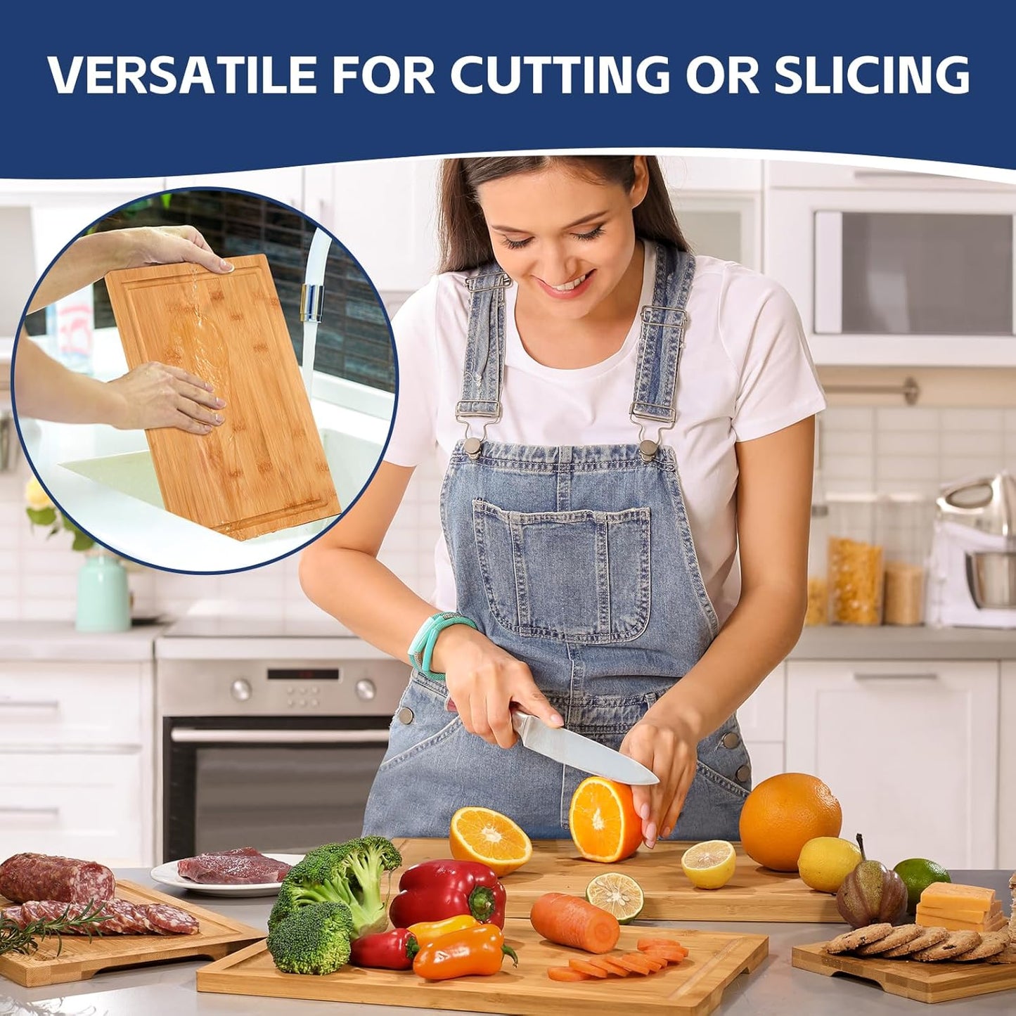 3-Piece Bamboo Cutting Boards for Kitchen, Heavy Duty Bamboo Cutting Board with Juice Groove, Wood Cutting Board Set for Meat, Vegetables