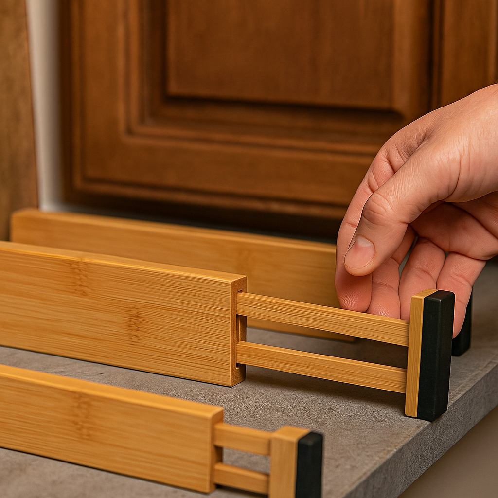 4-Pack Bamboo Adjustable Drawer Dividers – Spring-Loaded Organizers for 15"–17.7" Drawers in Kitchen, Bedroom, Dresser, Bathroom, or Desk